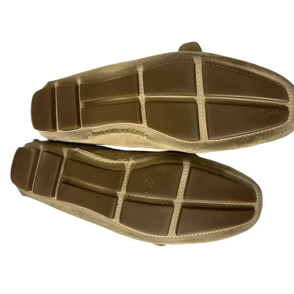 PRADA Driving Moccasins Beige Suede Rubber Sole Silver Buckle